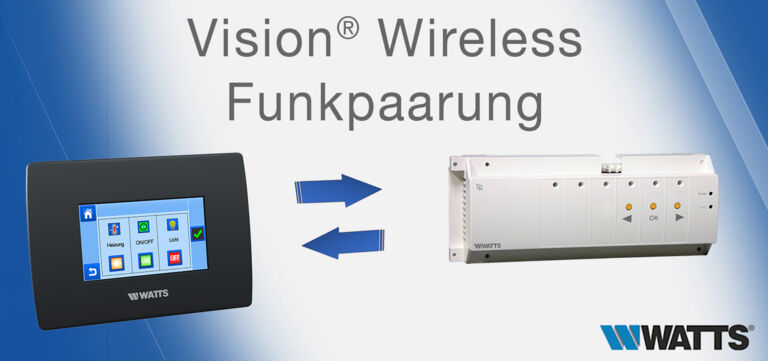 WATTS Vision® Wireless Funksteuerung mit Zentraleinheit BT-CT02-RF, Regelverteiler BT-M6Z02-RF und Raumthermostaten.